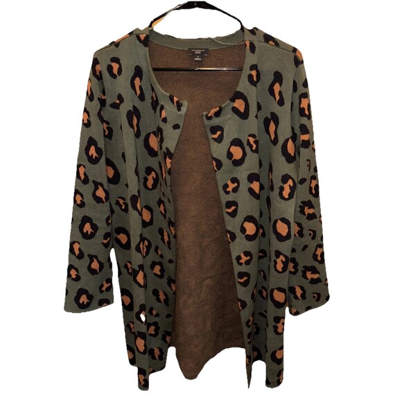 Ann Taylor Open Front Cardigan Green Cheetah Print LP Petite Long Sleeve Stretch - Picture 1 of 12